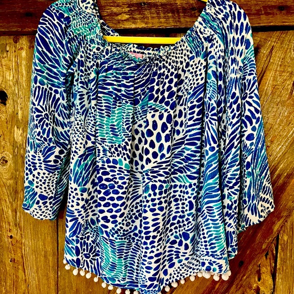 Lilly Pulitzer Nita off the shoulder Pom Pom trim top size Large - Picture 1 of 9